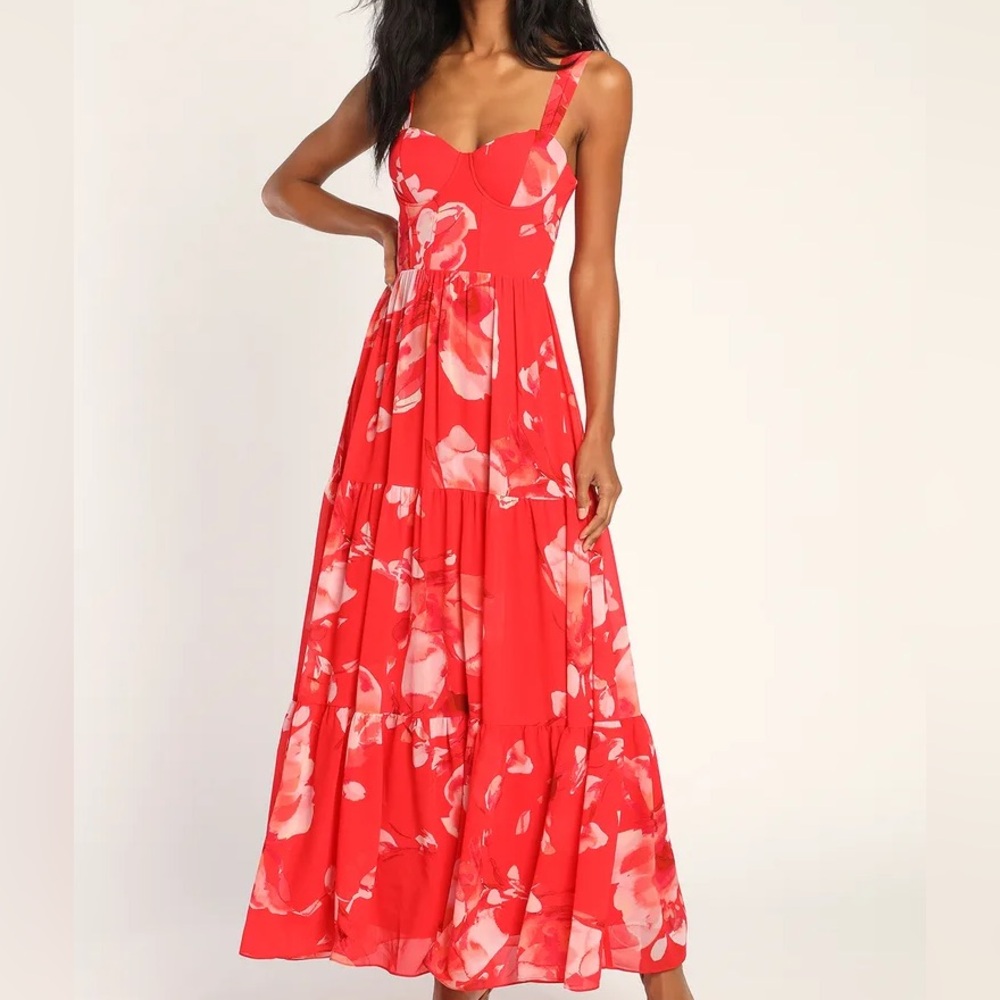 Lulus Sunshine Cutie Red Floral Print Bustier Tiered Maxi Dress